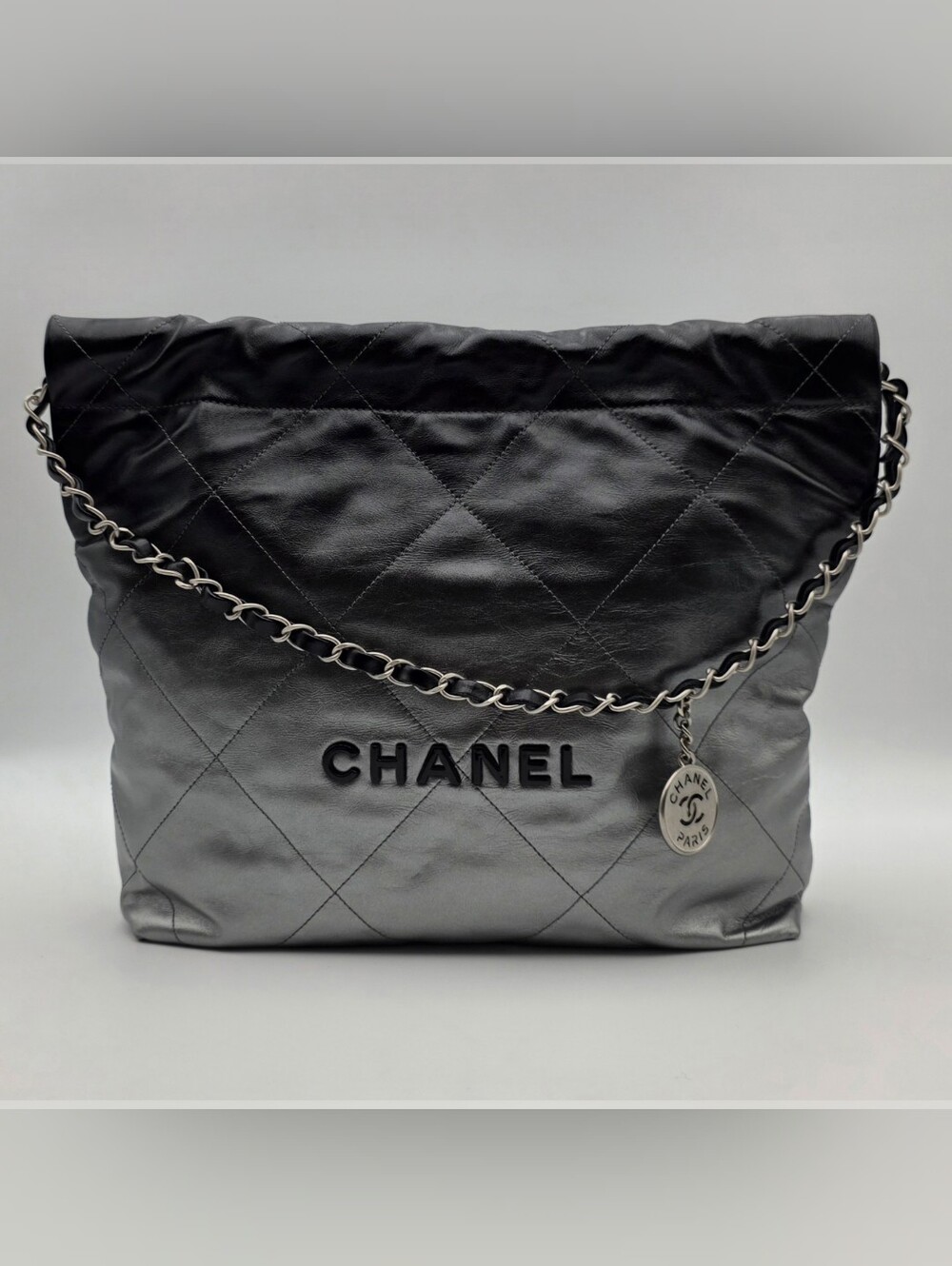 CHANEL 22 Hobo Handbag Ombre Gray Quilted Leather Silver Hardware 2024 Cruise